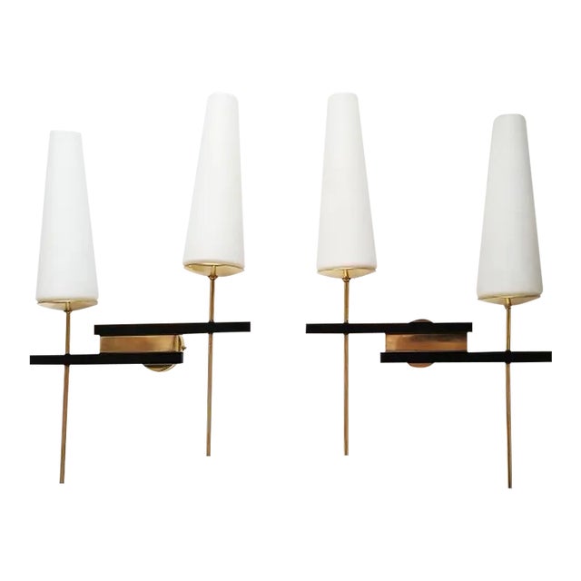 Maison Arlus Pair of Sconces Brass, Steel & Blown Opaline Shades France 1955 For Sale