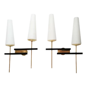 Maison Arlus Pair of Sconces Brass, Steel & Blown Opaline Shades France 1955