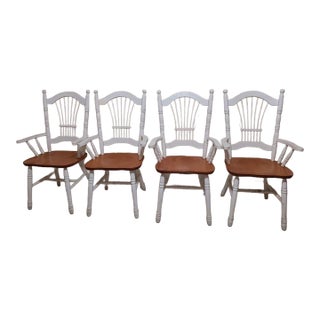 Vintage Ethan Allen Style White Painted Windsor Style Armchair Stained Wood Seats Set 4 For Sale