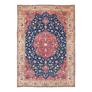 Antique Large Persian Tabriz Rug With Large Flowers on a Navy Background For Sale