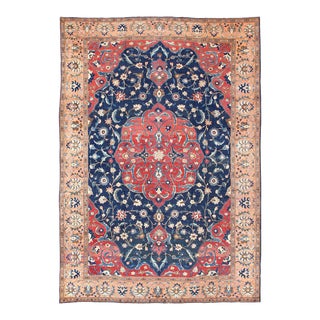 Antique Large Persian Tabriz Rug With Large Flowers on a Navy Background For Sale