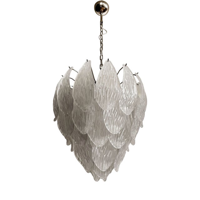 Vintage Italian Murano Chandelier with Frosted Carved Glass Leaves, 1990s For Sale