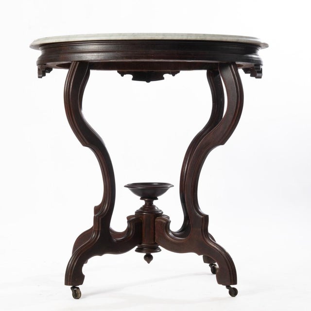 Oval Victorian Walnut Marble Top Table For Sale - Image 9 of 17