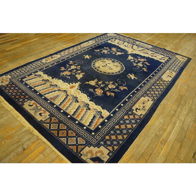 1920s Navy Blue Birds Medallion Antique Chinese Peking Carpet 6' 1'' X 9' Knotted Wool Rug For Sale - Image 12 of 12