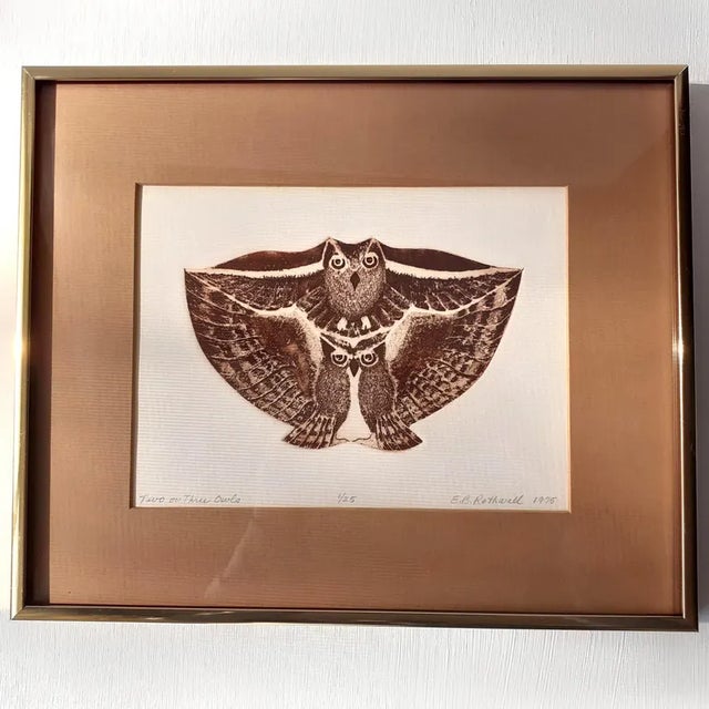 1975 original etching by mid-century California printmaker Elaine B. Rothwell, titled "Two or Three Owls." Sourced from a...