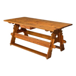 Swedish Modern, Trestle Dining Table, Carved Pine, Sweden, 1950s For Sale