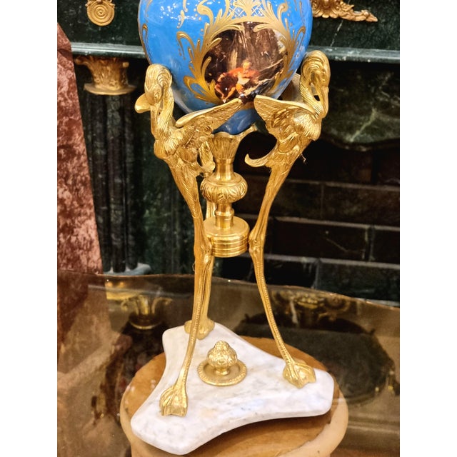 French French Blue Porcelain Vase With Gold Leaf Details & Ornate Gilt Bronze Figural Mounts For Sale - Image 3 of 4