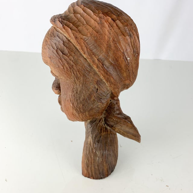 Beautiful Vintage Hand Carved Wooden African Woman Girl With Ponytail Bust Head For Sale - Image 4 of 11