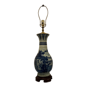Mid 20th Century Chinese Celadon Ground Blue and White Porcelain Vase Table Lamp With Wood Base and Brass Top