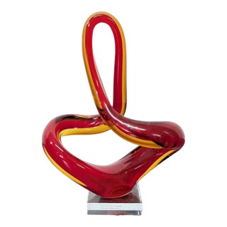 Modern Abstract Red and Amber Glass Sculpture on Clear Base For Sale