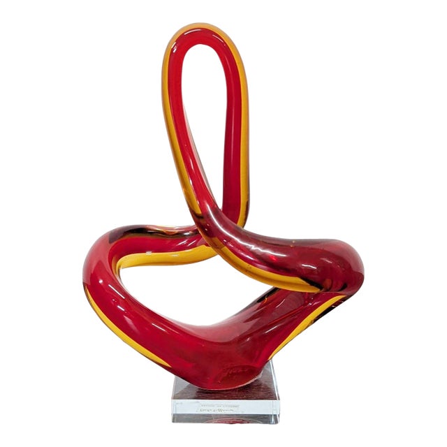 Modern Abstract Red and Amber Glass Sculpture on Clear Base For Sale