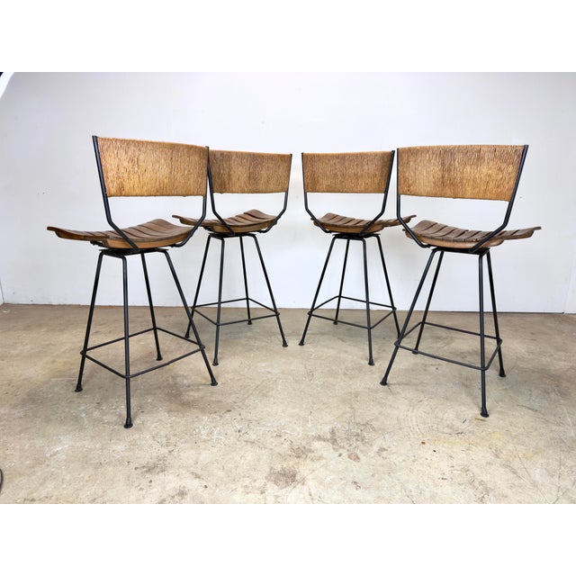 1960s Set of Four Circa 1960’s Arthur Umanoff /Raymor Wrought Iron Tall Bar Stools For Sale - Image 5 of 12