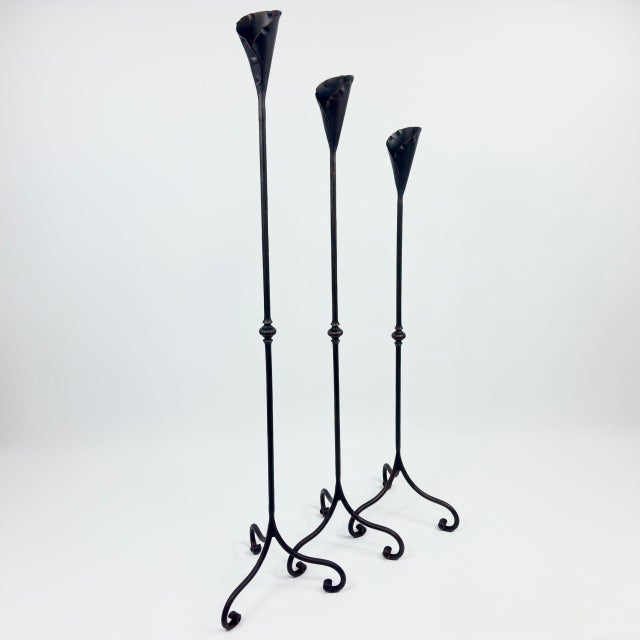 Black Hand Forged Iron Candelabra Set of 3 (97-117cm) Antique Copper Finish Slender Stem with Lily Cups For Sale - Image 8 of 9