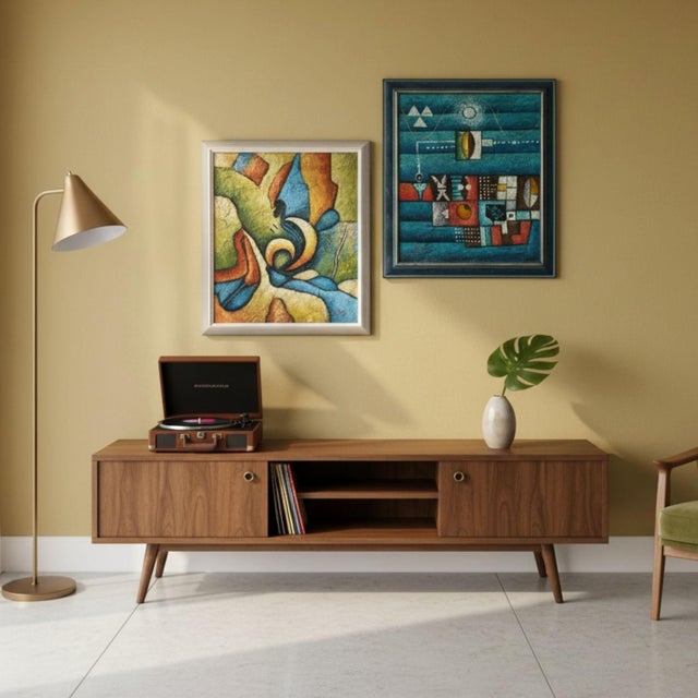 Two mid-20th century paintings by b. Long. The brilliant colors are enchanting. The atmospheric abstract and mystical...