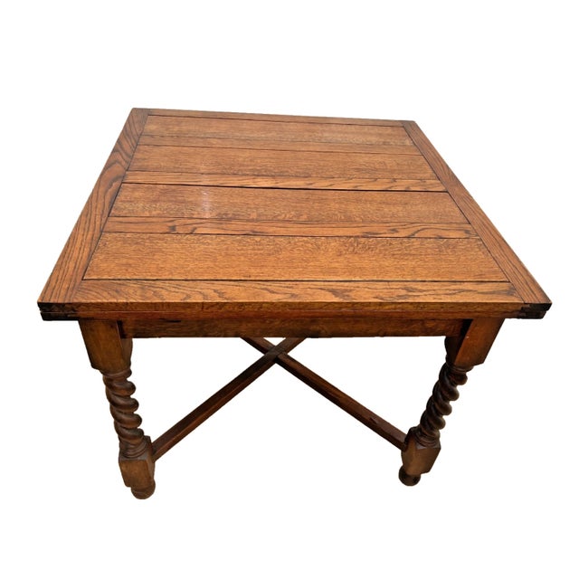 Early 20th Century Antique Expanding Pub Kitchen Table Barley Twist Legs Quarter Sawed Tiger Oak For Sale - Image 5 of 14