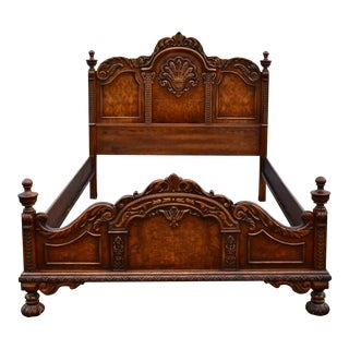 Antique Leslie Mark Jacobean Style Full Size Oak & Burl Wood Bed For Sale