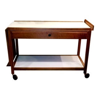 Glenn of California 1950's Mid-Century Modern Bar Cart in Walnut and White Laminate For Sale
