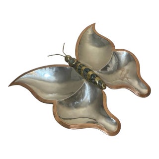 Mid Century Los Castillo Style Butterfly Tray Abalone Mixed Metals Brass Copper Silver For Sale