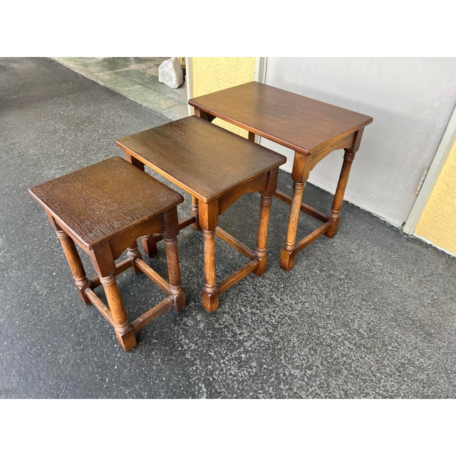 Brown 1950s Vintage Oak Wood Nesting Table Set - 3 For Sale - Image 8 of 10