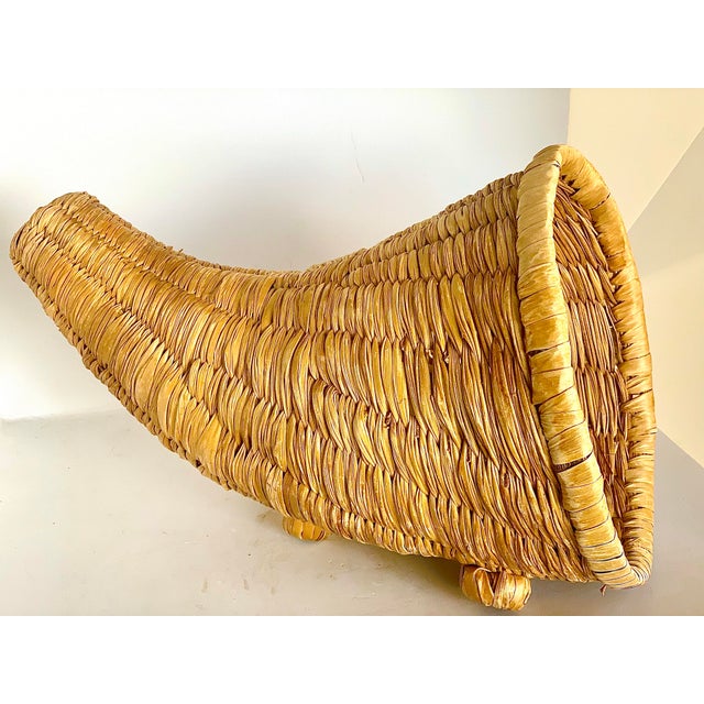 Vintage Handwoven Rush Grass Cornucopia, Horn of Plenty Thanksgiving Basket For Sale In San Antonio - Image 6 of 10