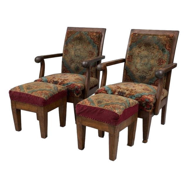 Set of Hungarian Art Deco Lounge Chairs with Matching Ottomans, 1930s For Sale