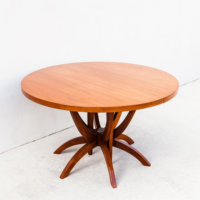 Brown Monumental Mid Century Modern Expandable Pedestal Base Dining Table in Walnut For Sale - Image 8 of 15