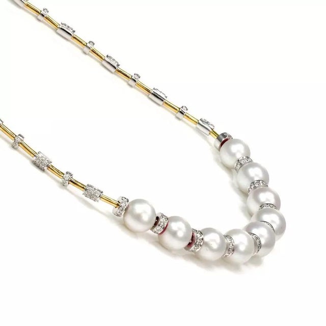Contemporary Vintage 3.50ct Diamond South Sea Pearls 18k Two Tone Gold Fancy Necklace For Sale - Image 3 of 6
