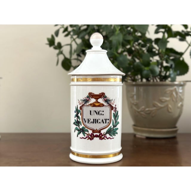 Pair of French porcelain apothecary jars, dating to the late 19th century. These elegant pharmacy jars feature crisp white...