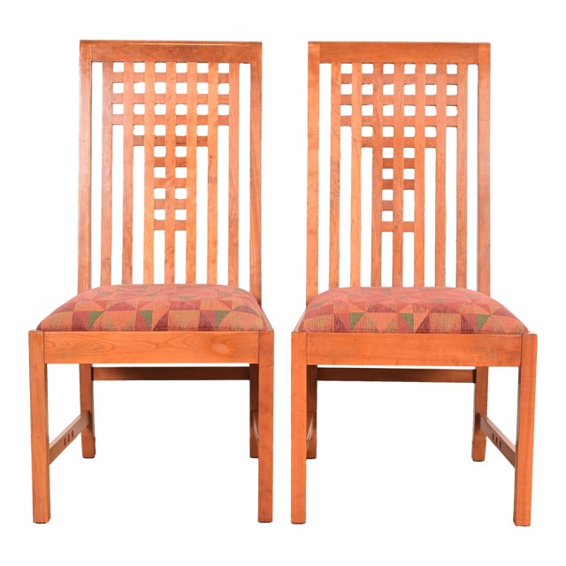 Stickley Mission Arts & Crafts Cherry Wood Side Chairs or Dining Chairs in the Manner of Frank Lloyd Wright, Pair For Sale