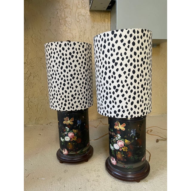English Hand-Painted Vintage Tea Canister Lamps With Custom Shades - a Pair For Sale - Image 3 of 9