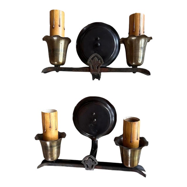 Pair Iron and Brass Simple Design Sconces With Fleur De Lis Emblem, Circa 1920 For Sale