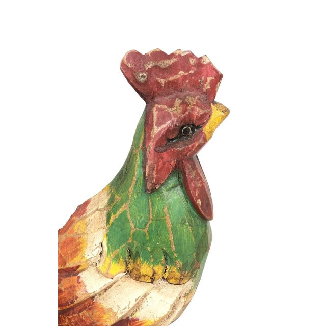 1990s Rooster Matching Bookends Folk Art Pair Hand Carved Wood Polychrome Decor 8" For Sale - Image 4 of 8