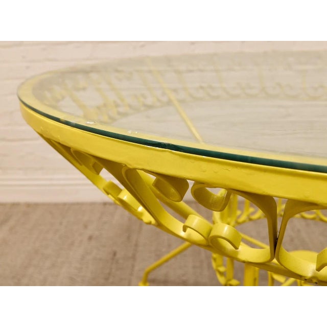 Mid 20th Century Mid 20th Century Styled After Arthur Umanoff Vintage Yellow Patio Dining Set With Glass Top Table and Four Chairs For Sale - Image 5 of 12