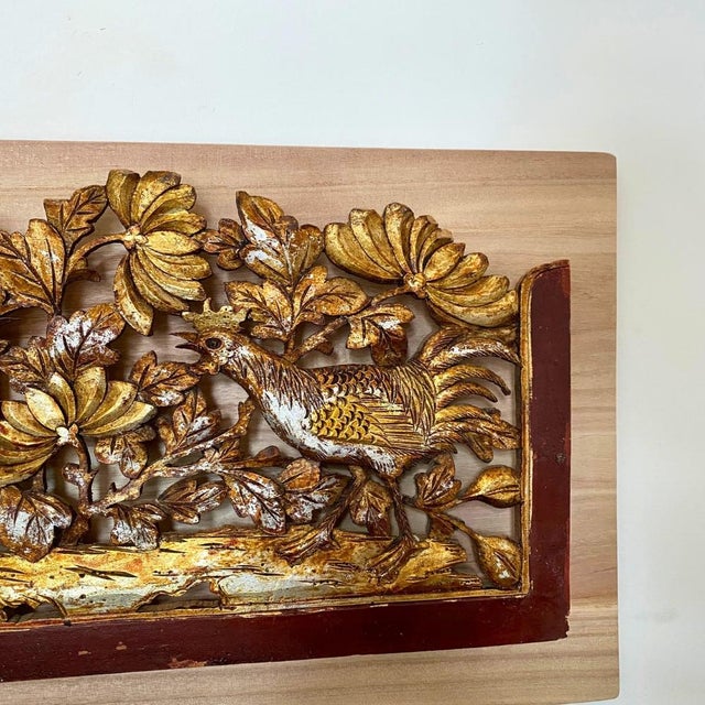 Antique c.1920 Chinese Gilt Carved Pheasant Panel For Sale - Image 6 of 8