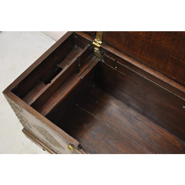Antique Anglo Indian Oak Wood & Brass Mounted Coffer Blanket Chest Trunk For Sale - Image 11 of 16