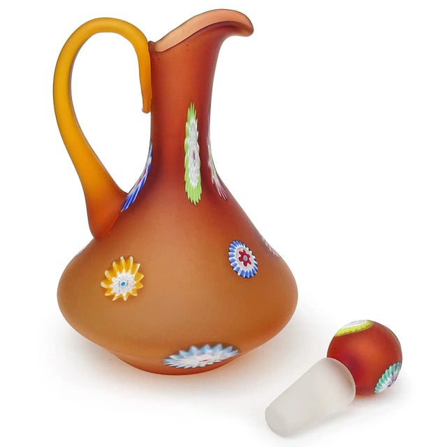 Murano Murano Fratelli Toso Vintage Orange Millefiori Flowers Italian Art Glass Satin Surface Ewer Cruet Pitcher For Sale - Image 4 of 5
