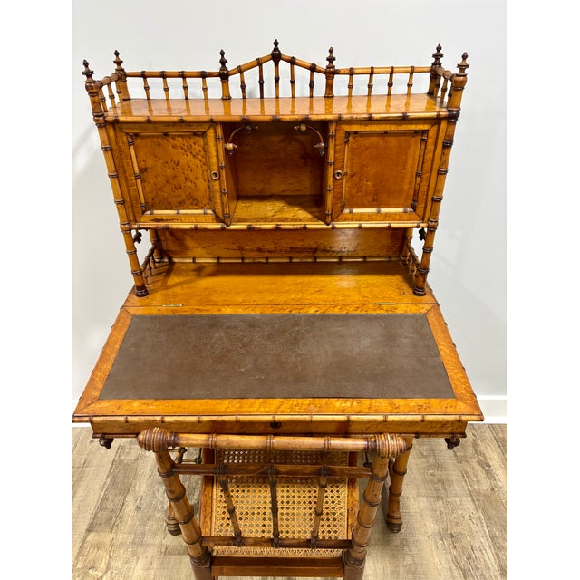 Late 20th Century Aesthetic Movement Faux Bamboo Bird's-Eye Maple Secretary Desk & Original Chair Attributed to r.j. Horner For Sale - Image 13 of 17