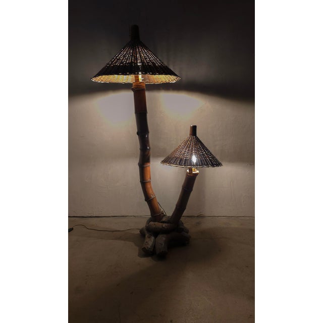 Unique 1950s Large Scale Bamboo Floor Lamp. A lovely sculptural piece, serving form and functions. Perfect in so many...