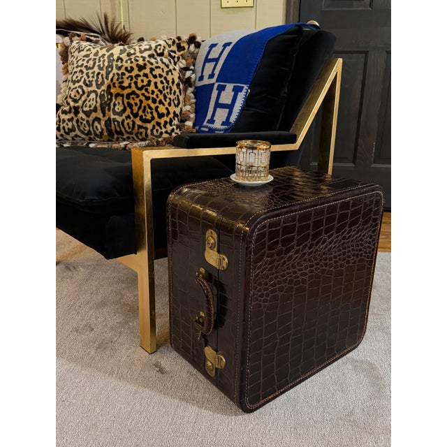 Animal Skin 1940s Maximillian Square Leather Faux Crocodile Suitcase as End Table For Sale - Image 7 of 12