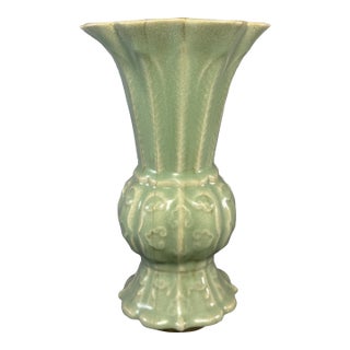 Antique Chinese Celadon Carved Floral Gu‑Form Vase, Collectible Antique For Sale