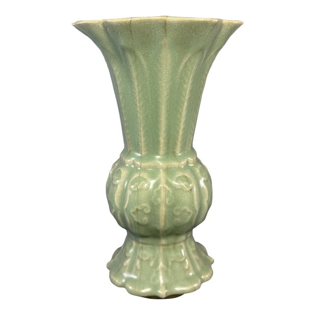 Antique Chinese Celadon Carved Floral Gu‑Form Vase, Collectible Antique For Sale