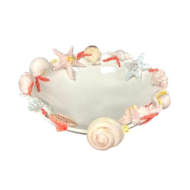 Large-scale Italian Ceramic Centerpiece Bowl by Borbone Capodimonte. Bowl is lavishly decorated with sculptural seashells,...