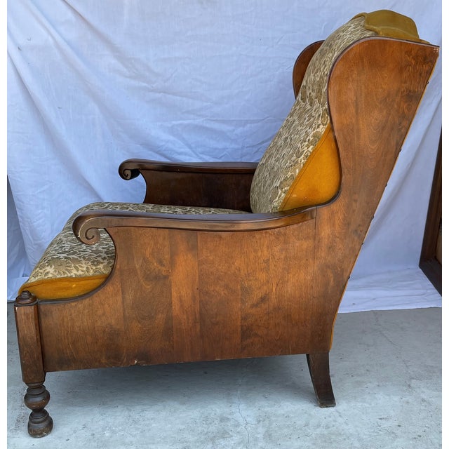 Mid 20th Century Mid-Century Solid Wood and Fabric Wing Back Leisure Lounge Chair with Scroll Arms For Sale - Image 5 of 11