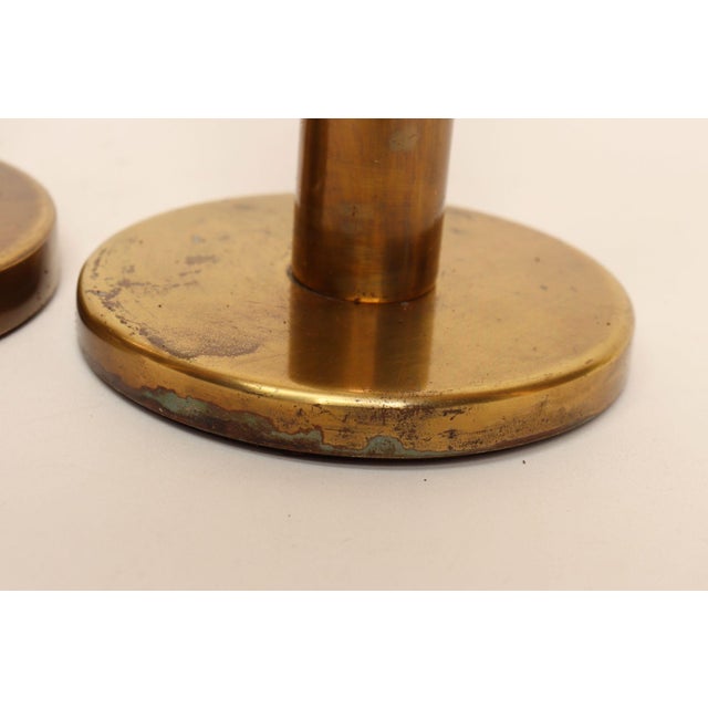 Set of Two Vintage Patinated Brass Candlesticks With Cork Bases For Sale - Image 15 of 18
