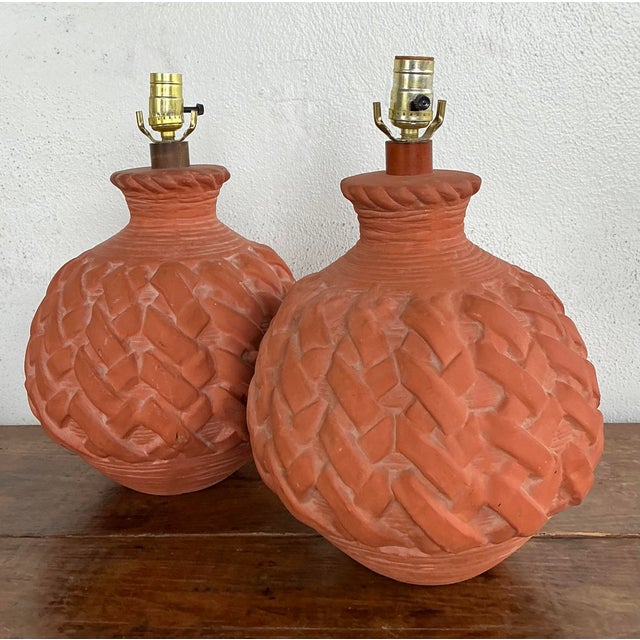 Metal Vintage Terracotta Faux Weave Lamps - A Pair For Sale - Image 7 of 12