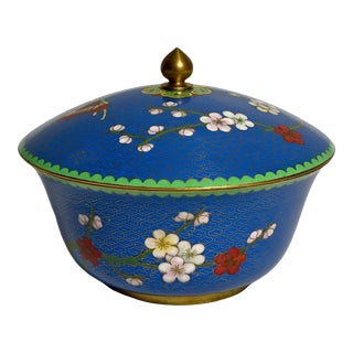Late 20th Century Chinese Cloisonné Lapis Blue Round Lidded Box or Bowl For Sale