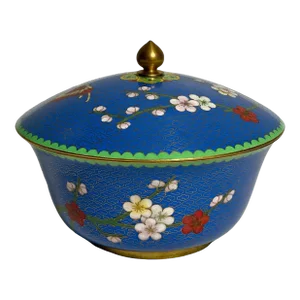 Late 20th Century Chinese Cloisonné Lapis Blue Round Lidded Box or Bowl