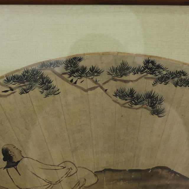 Wood Vintage Chinese Fan Painting Figure Sleeping Under Pine Trees Framed Ink and Color on Paper With Calligraphy Poem For Sale - Image 7 of 13