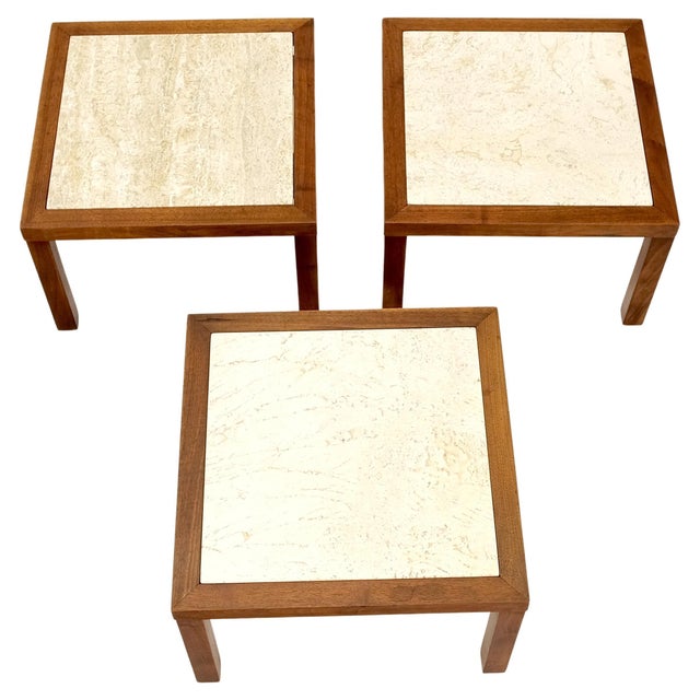 Brown Set of Mid Century Solid Walnut Bases Travertine Tops End Side Occasional Tables For Sale - Image 8 of 11