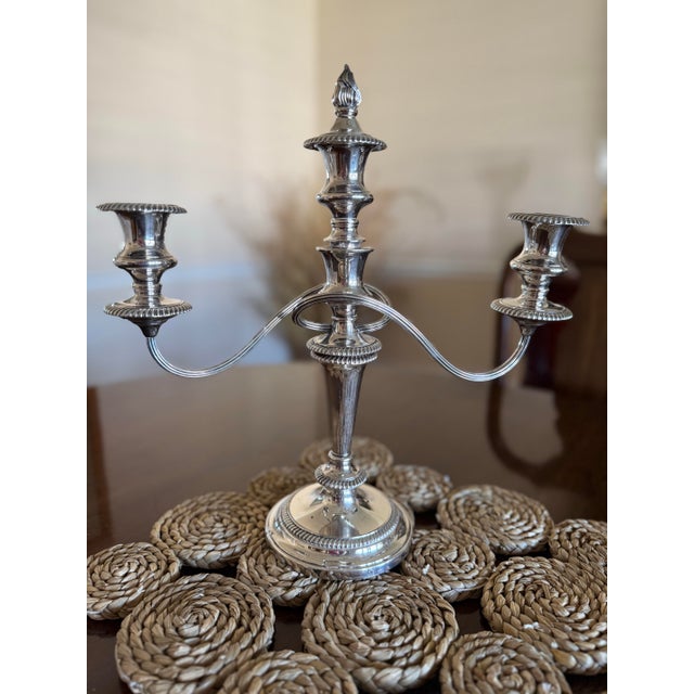 Barker-Ellis Silver Co. Made in England Silverplate Pair 3-Arm Candelabras For Sale - Image 9 of 12